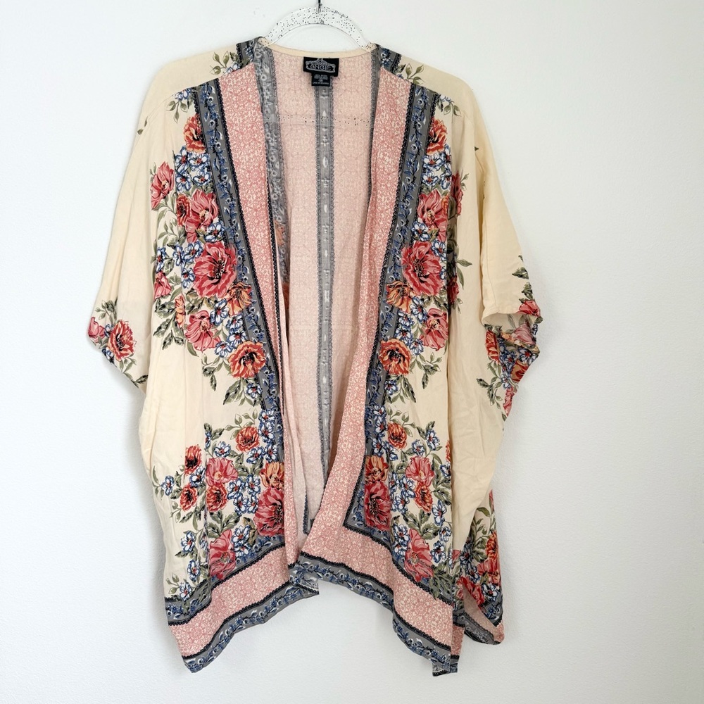 Angie Multicolor Floral Open Front Cardigan Beach Coverup Rayon Size M Boho
